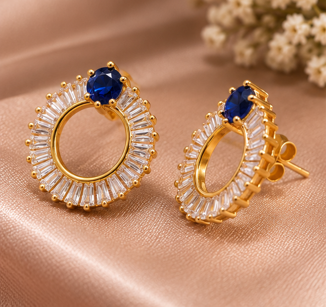 Sapphire blue accent baguette halo open-circle stud earrings