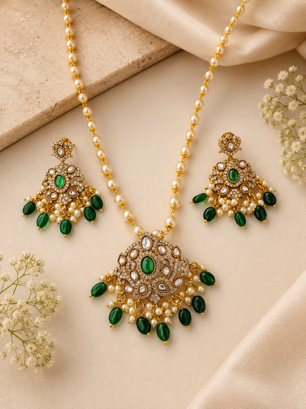 Antique Gold-Plated Kundan Pendant Set