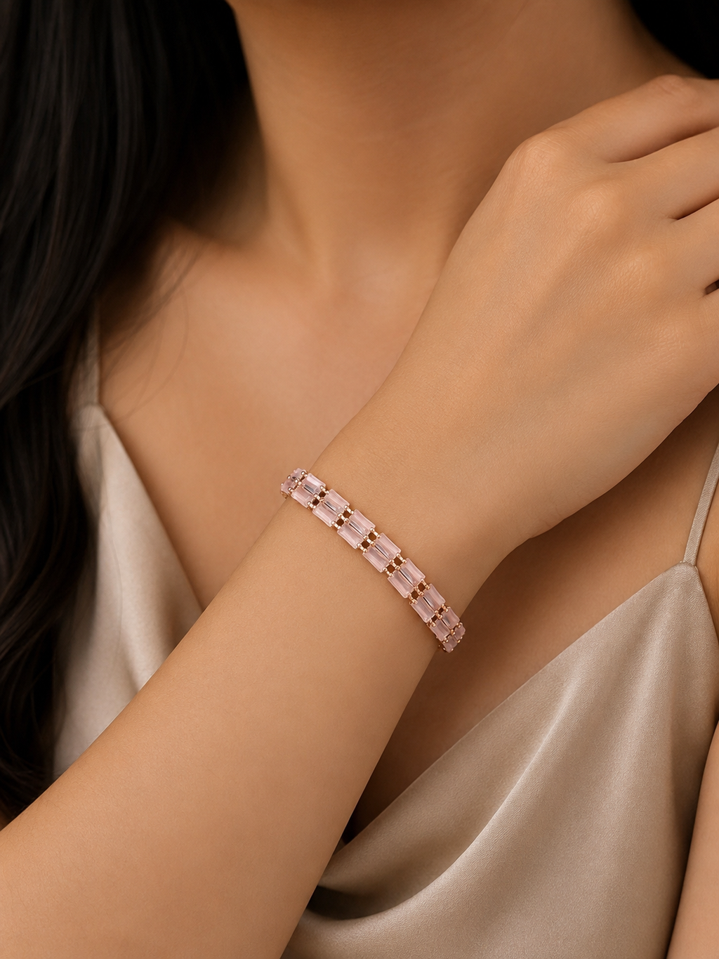 Elegant gold-plated pink baguette crystal drawstring bracelet