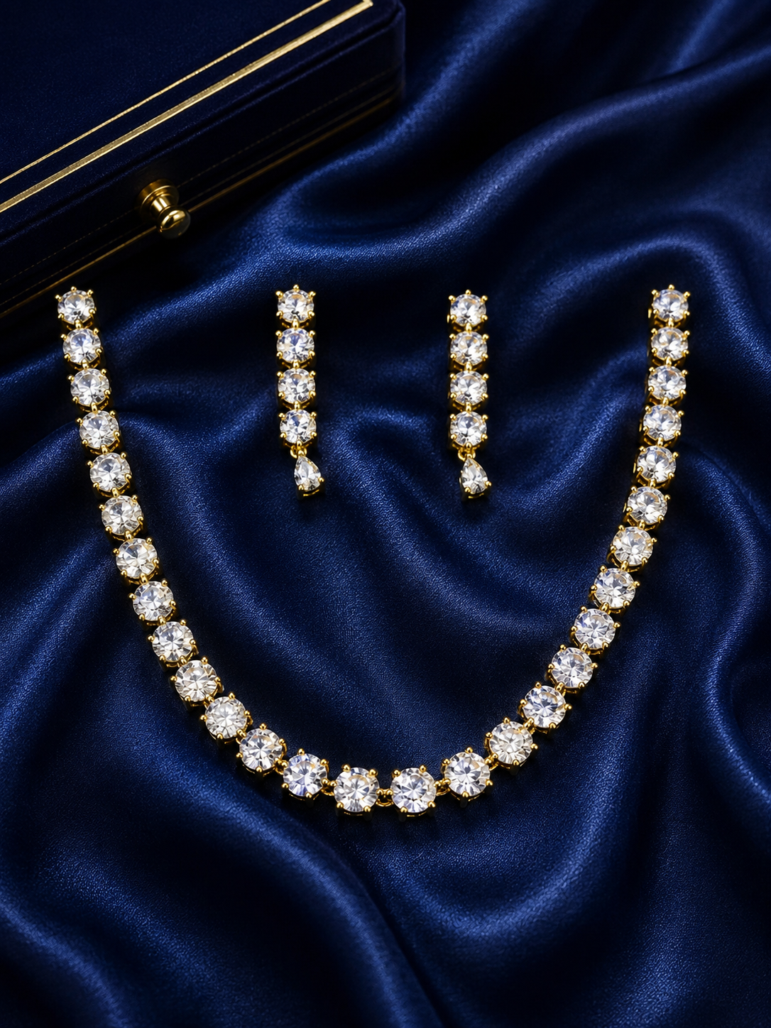 Single-Line Gold-Plated American Diamond Big Solitaire Tennis Necklace Set