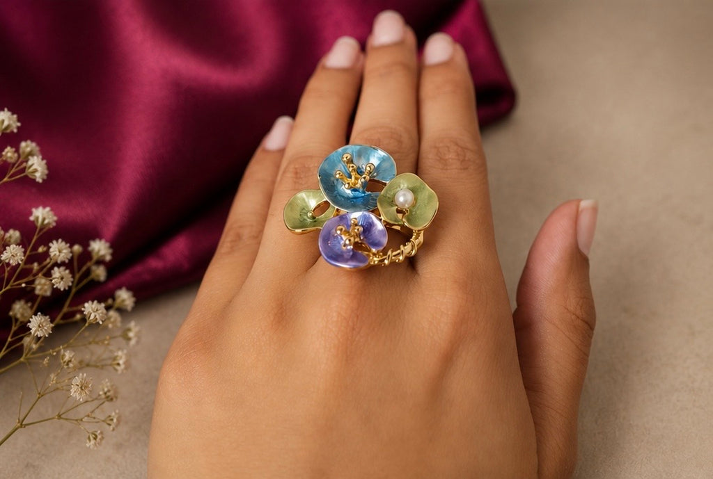 French-vintage style gold enamel wildflower cluster statement ring