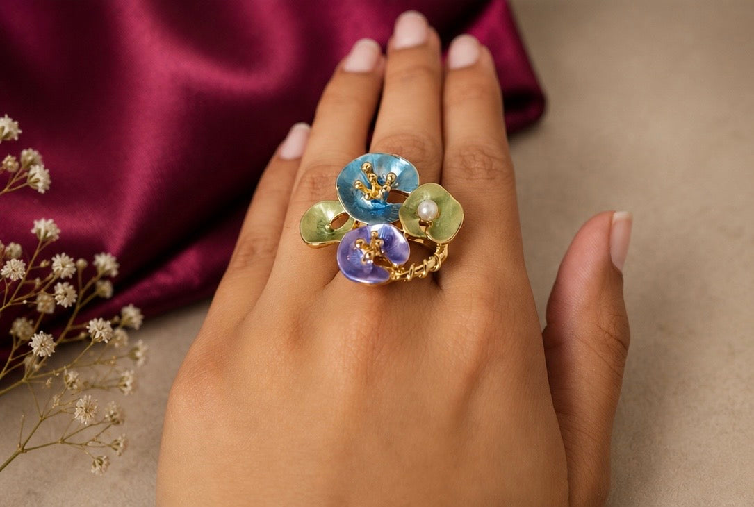 French-vintage style gold enamel wildflower cluster statement ring