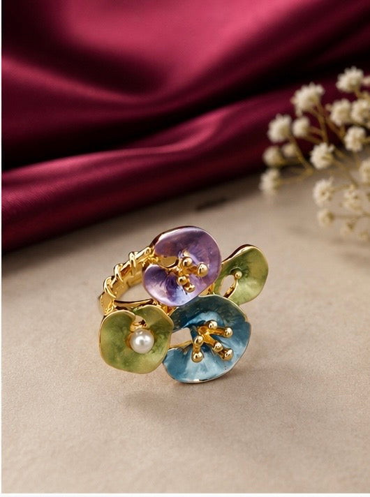 French-vintage style gold enamel wildflower cluster statement ring