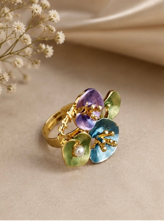 French-vintage style gold enamel wildflower cluster statement ring