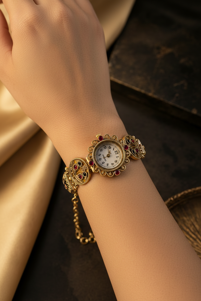 Heritage Kashmiri Meenakari Kundan Antique Bracelet Watch