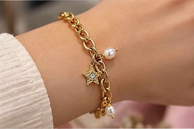 Celestial pearl link charm bracelet