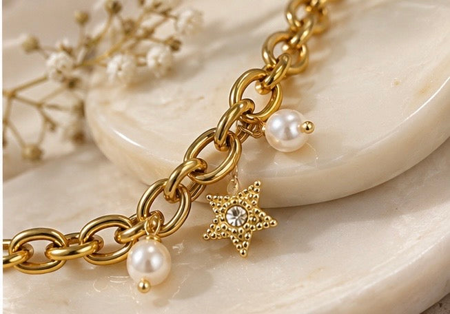 Celestial pearl link charm bracelet