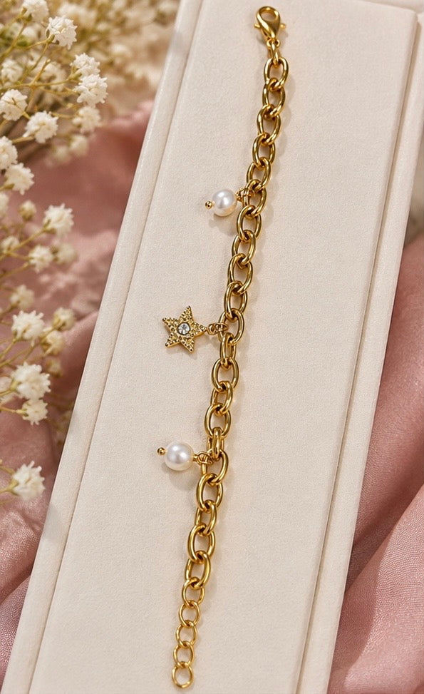 Celestial pearl link charm bracelet