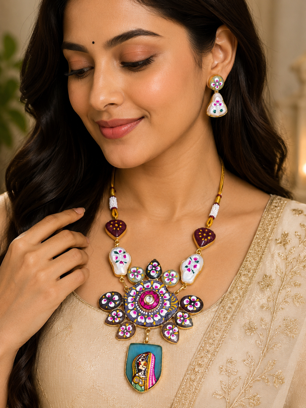 Artisanal Hand-Painted Heritage Portrait Pendant Set