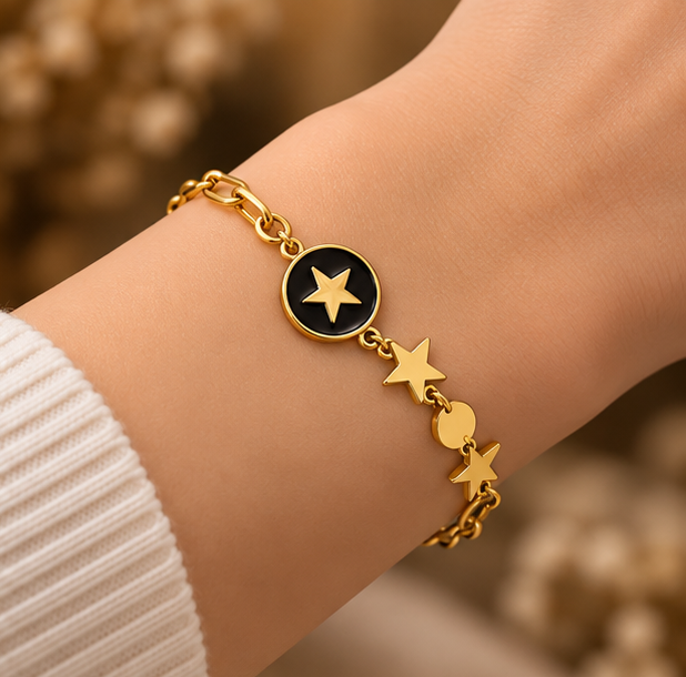 Black enamel star mixed-link charm bracelet