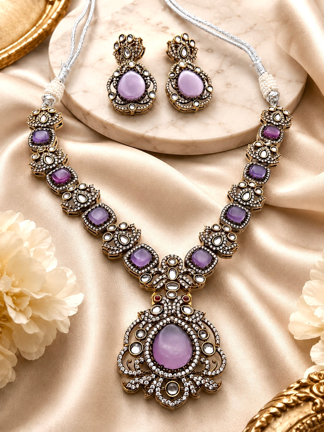 Antique Victorian Polki Kundan Stone Statement Necklace Set