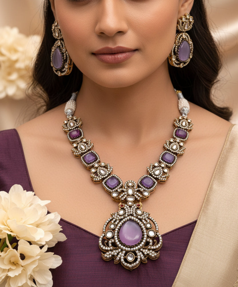 Antique Victorian Polki Kundan Stone Statement Necklace Set