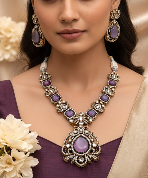 Antique Victorian Polki Kundan Stone Statement Necklace Set