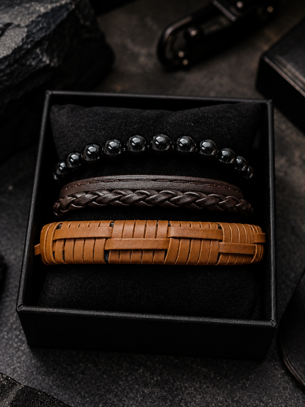 Men's Leather & Onyx Stacked Bracelet Set
