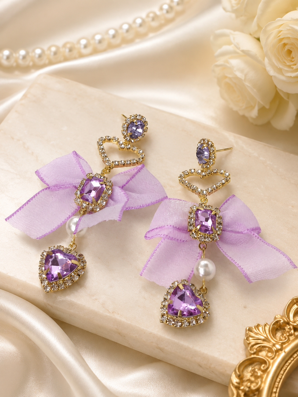 Coquette Lavender Organza Ribbon & Heart Drop Earrings
