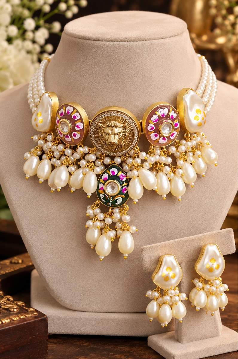 Pearl choker with Lion statement design