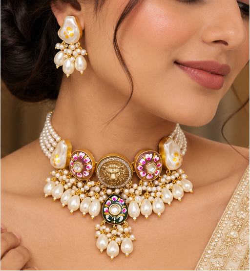 Pearl choker with Lion statement design