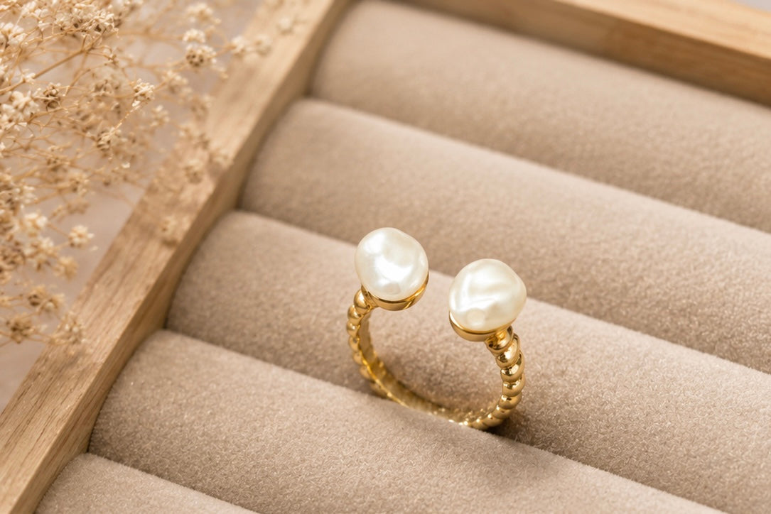 Double Pearl Open Cuff Ring