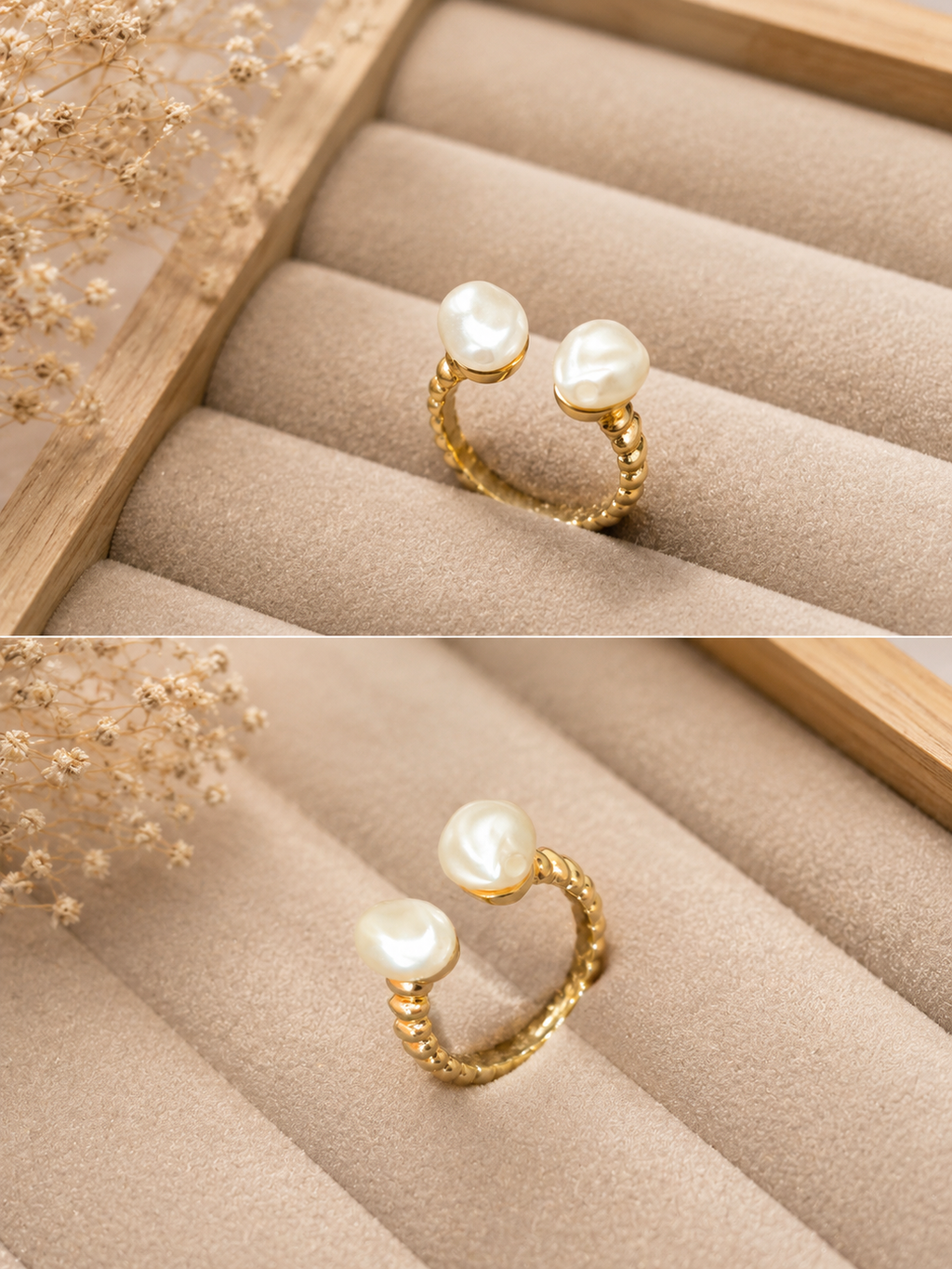 Double Pearl Open Cuff Ring