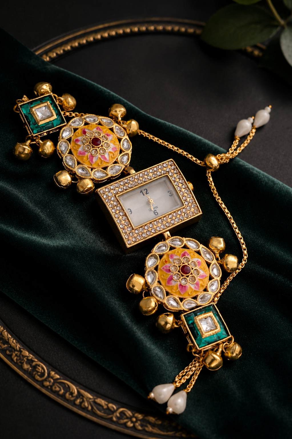 Square Dial Studded Kundan Bracelet Watch