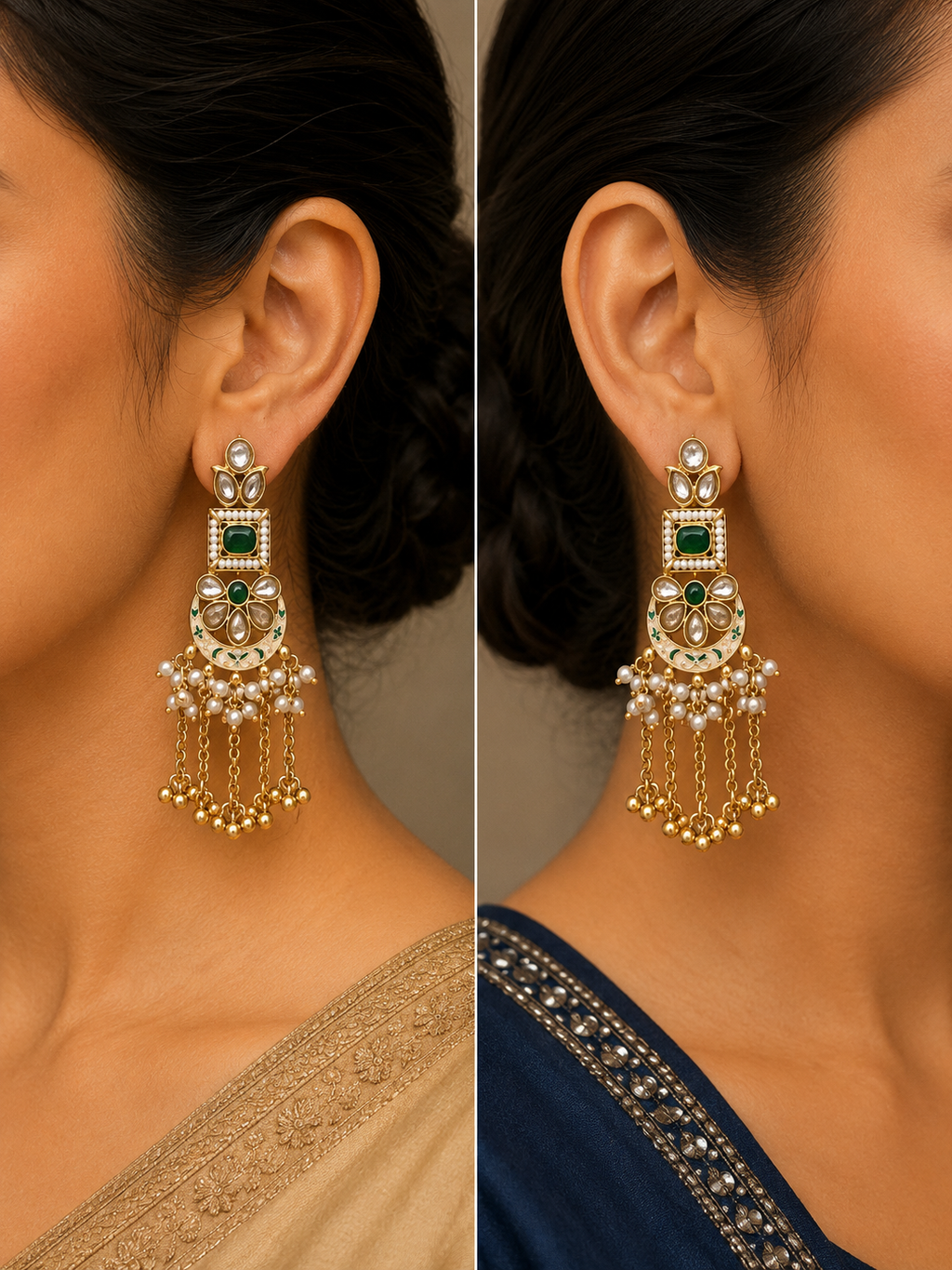 Meenakari & Emerald  Kundan Jhumka Drop Earrings
