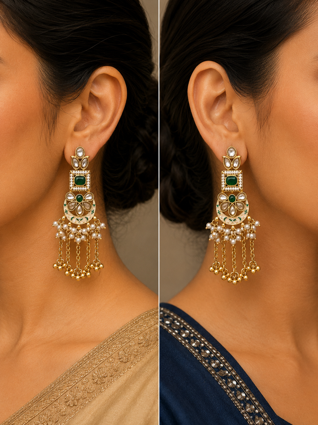 Meenakari & Emerald  Kundan Jhumka Drop Earrings