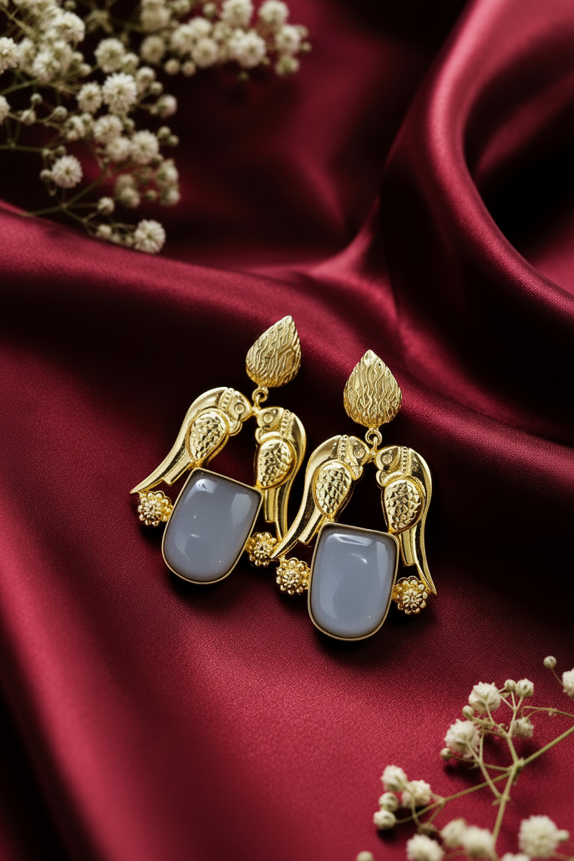 Vintage-Inspired Brass Gold-Plated Parrot Drop Earrings