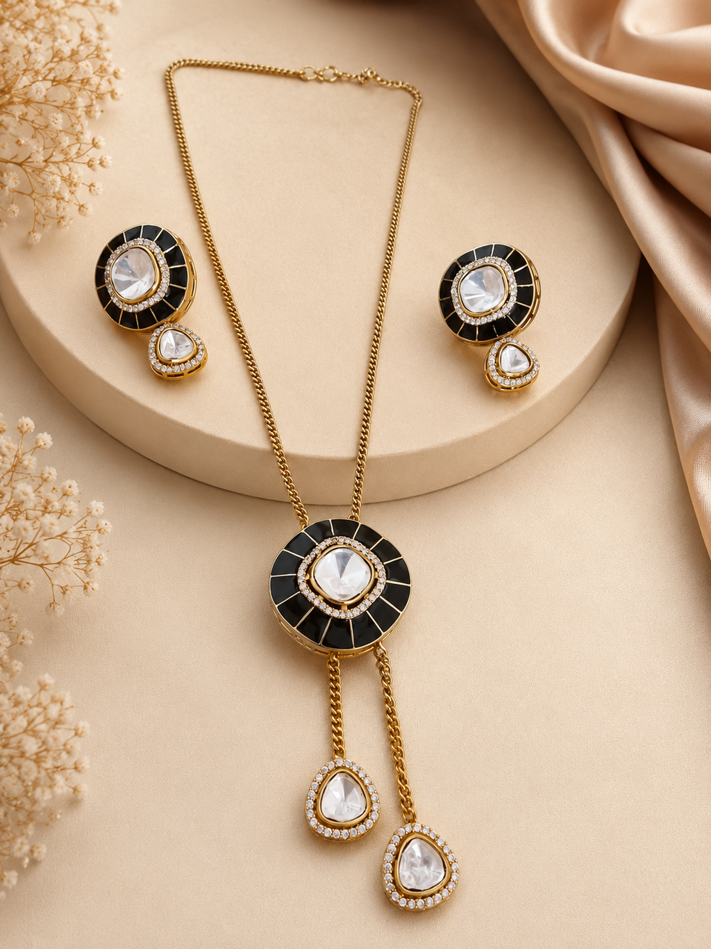 Kundan and Black Enamel Pendant Set.