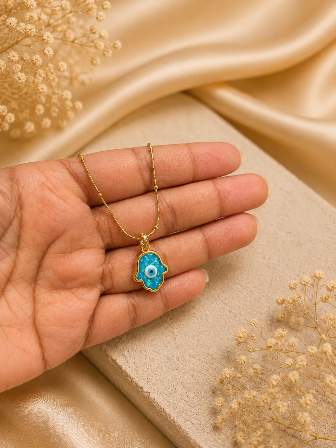 Blue Opal Hamsa Hand Evil Eye Pendant Necklace