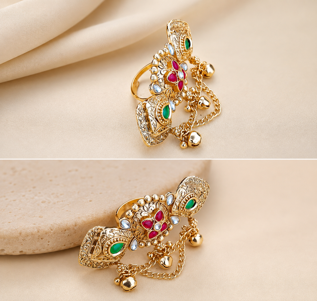 Antique gold-plated 2 finger floral shield statement ring