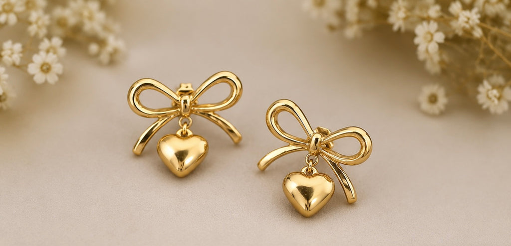 Golden Bow & Heart Charm Drop Studs