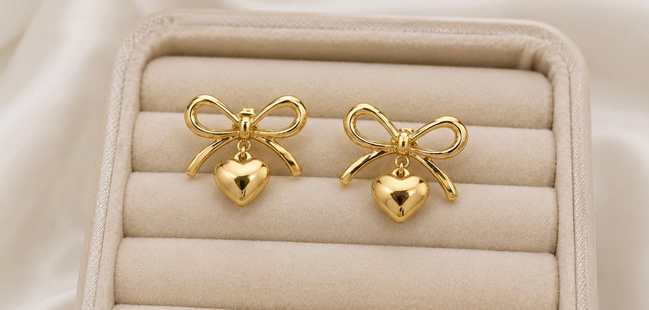 Golden Bow & Heart Charm Drop Studs