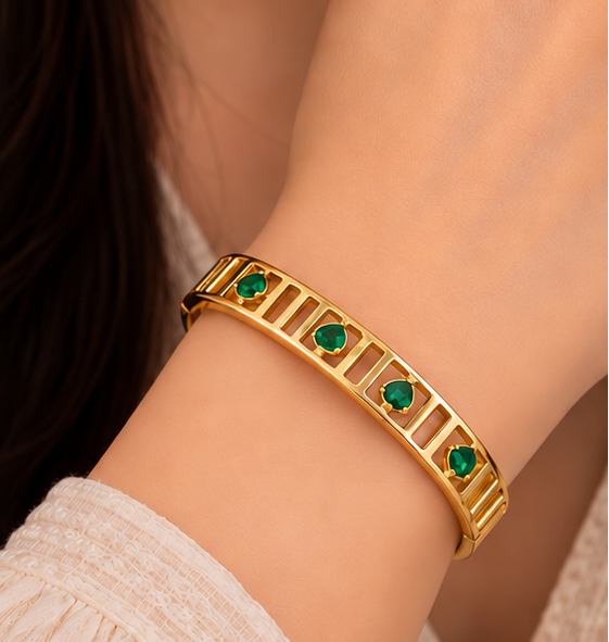 Emerald green pear cut cutout cuff bracelet
