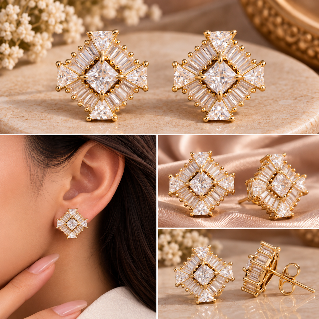 Princess and baguette cut geometric diamond stud earrings