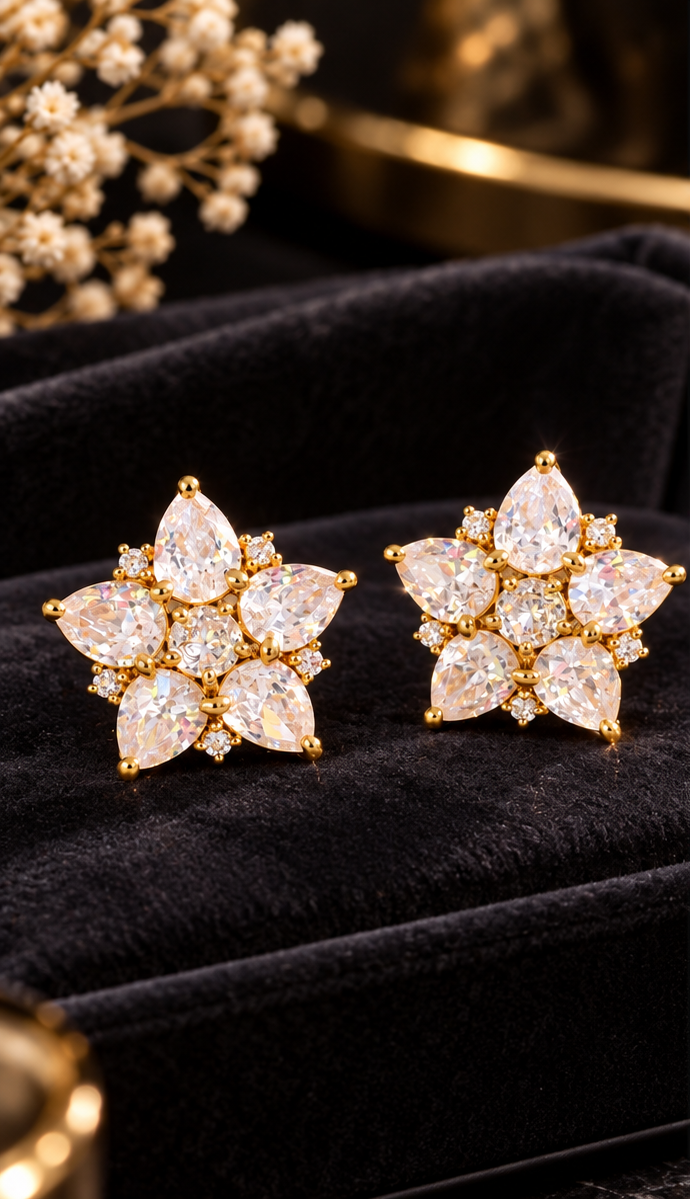 Gold Plated Cubic Zirconia Star Floral Stud Earrings