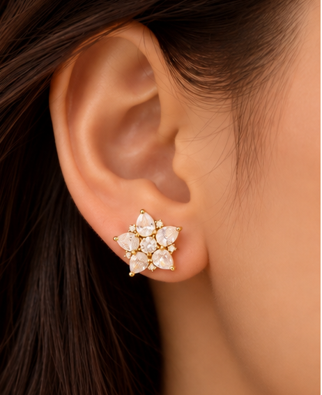 Gold Plated Cubic Zirconia Star Floral Stud Earrings