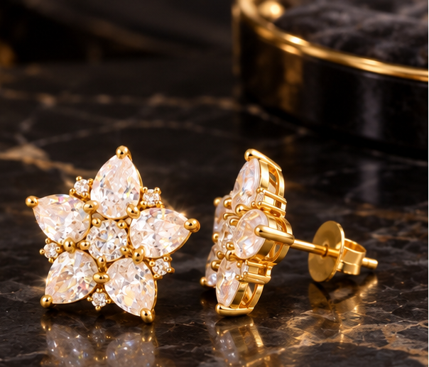 Gold Plated Cubic Zirconia Star Floral Stud Earrings