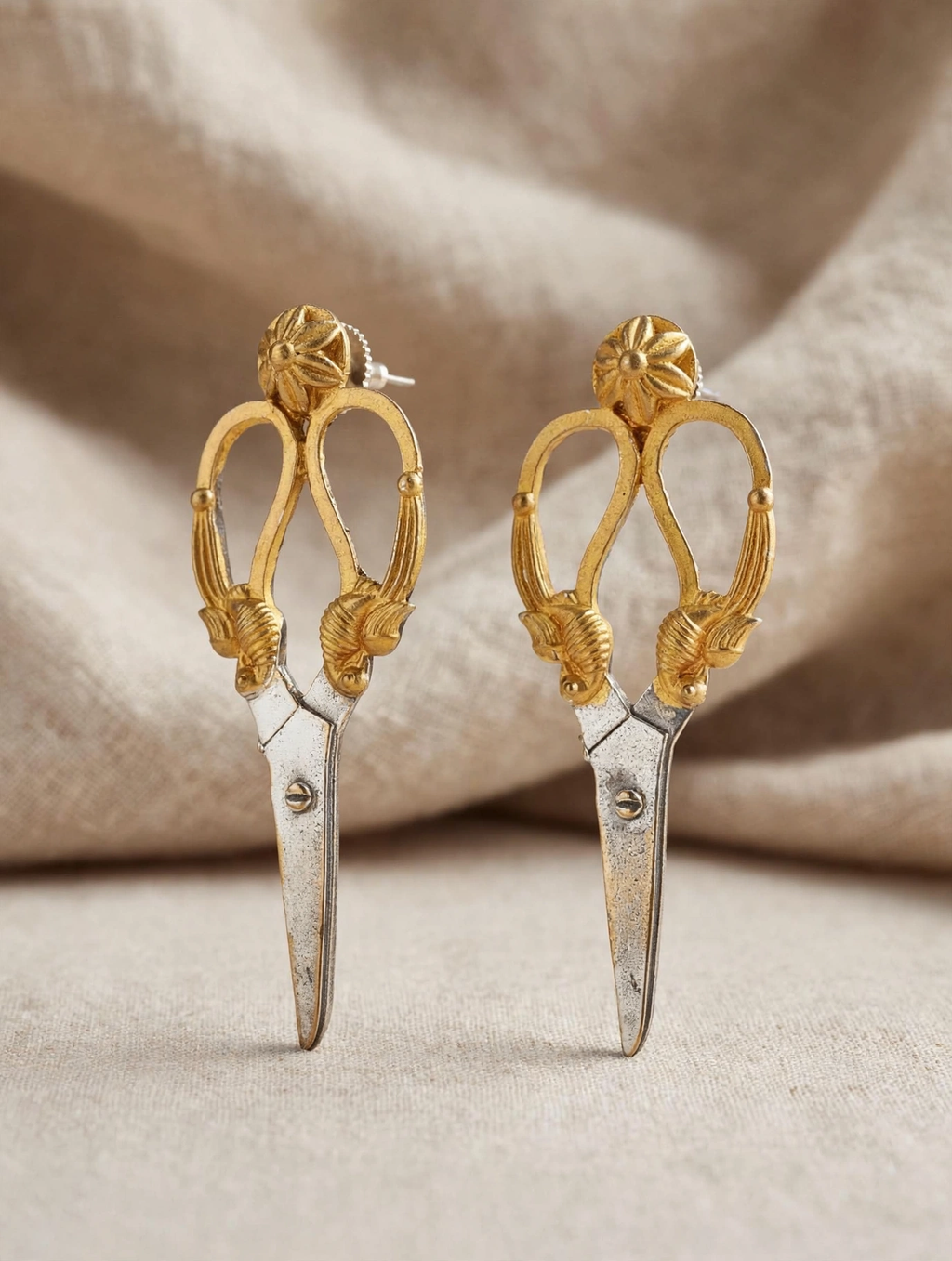Vintage-style ornate scissor drop earrings