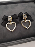 Korean-style black ribbon bow and pearl heart dangle earrings