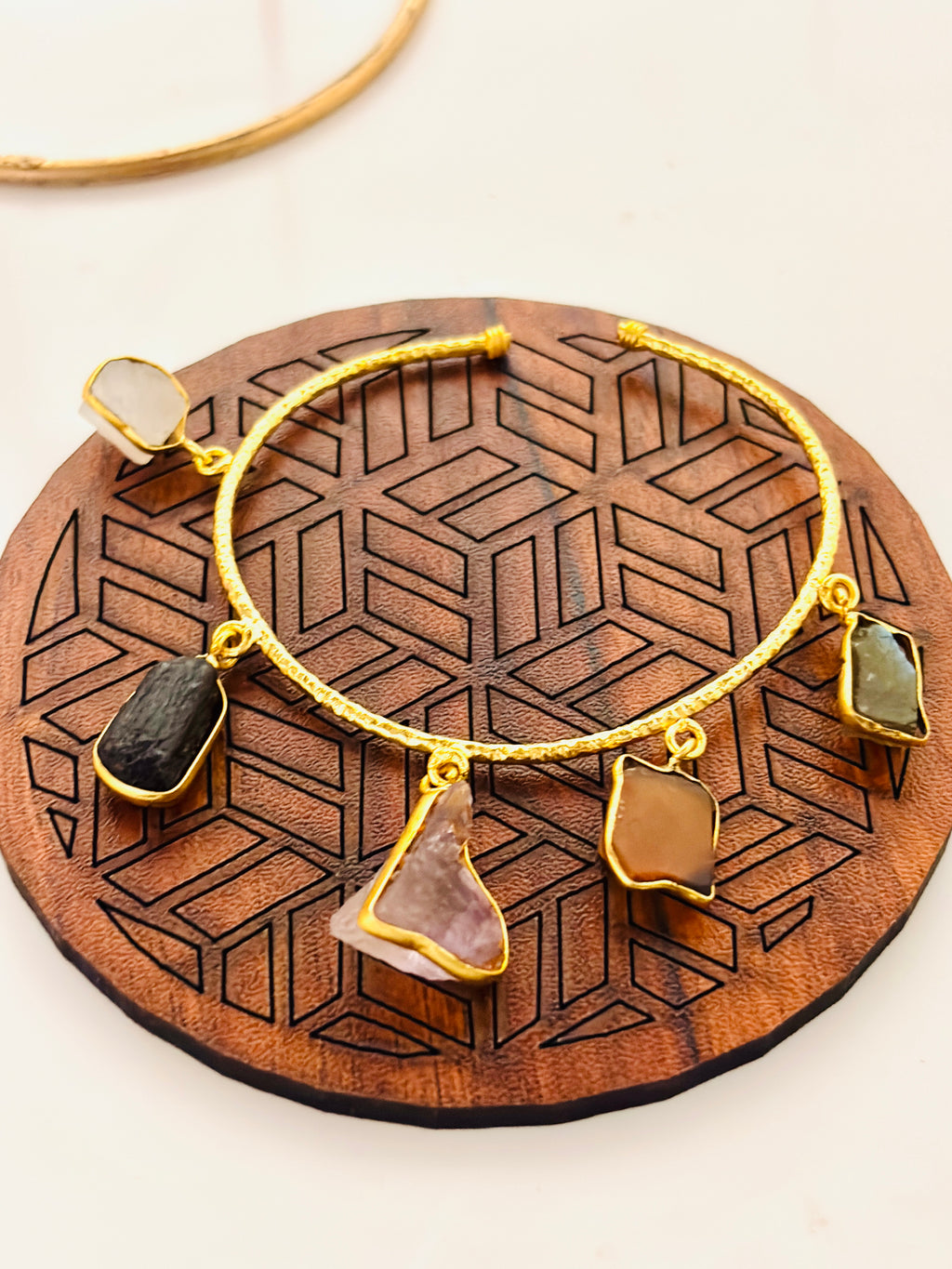 Brass Charm Bracelet With Multicolour Raw Stone