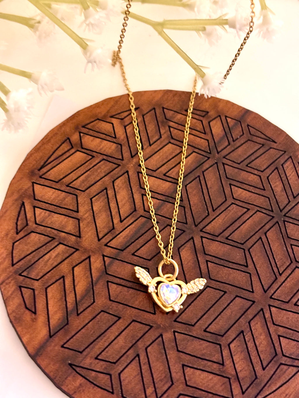 Crystal Angel Wing Heart Charm Necklace
