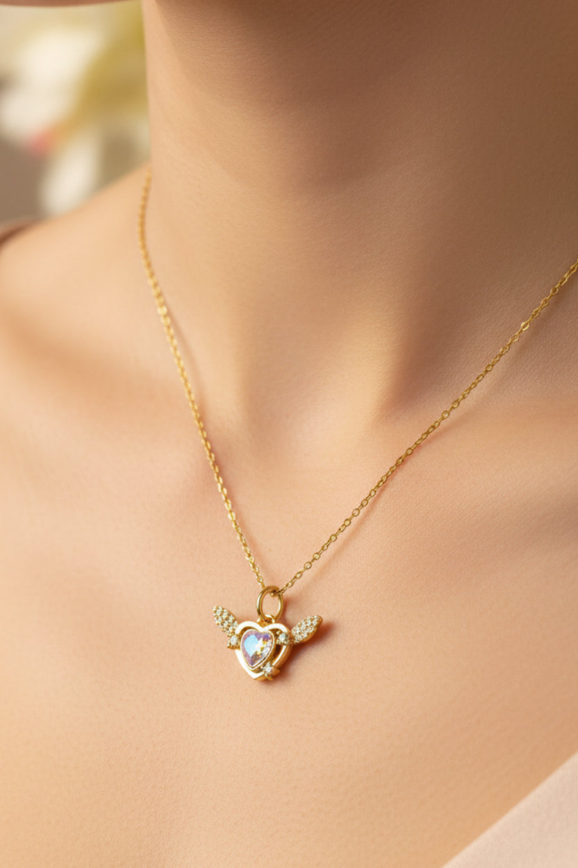 Crystal Angel Wing Heart Charm Necklace