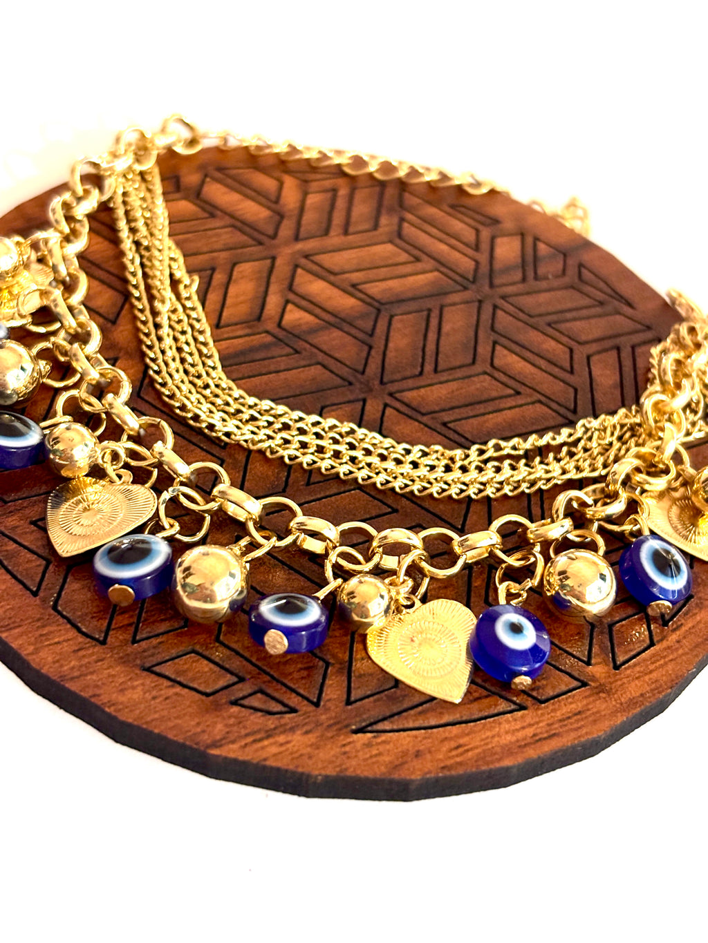 Multi-Layer Gold Chain Dangling Heart And Evil Eye Charm Bracelet