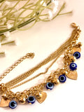 Multi-Layer Gold Chain Dangling Heart And Evil Eye Charm Bracelet