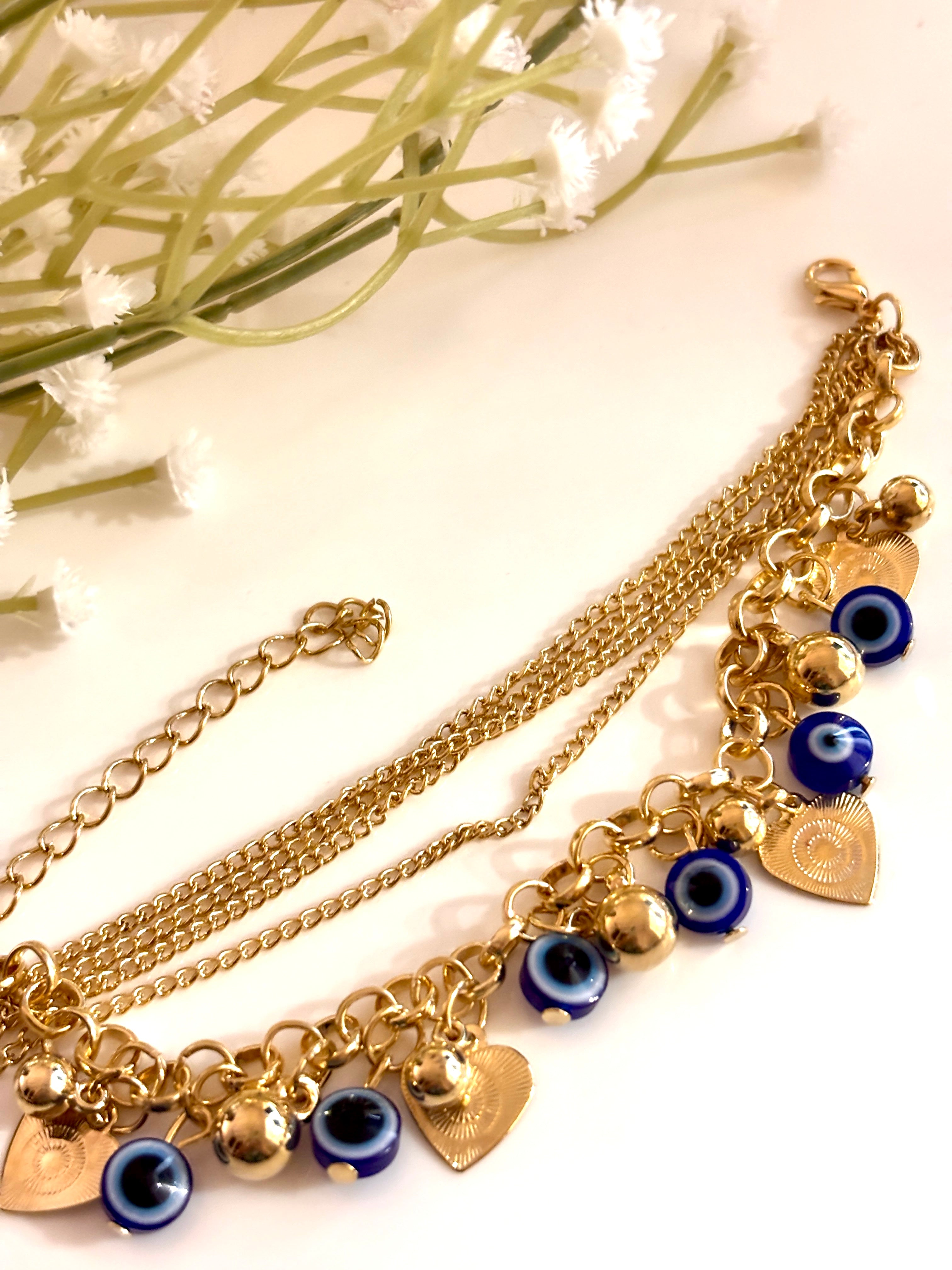 Multi-Layer Gold Chain Dangling Heart And Evil Eye Charm Bracelet