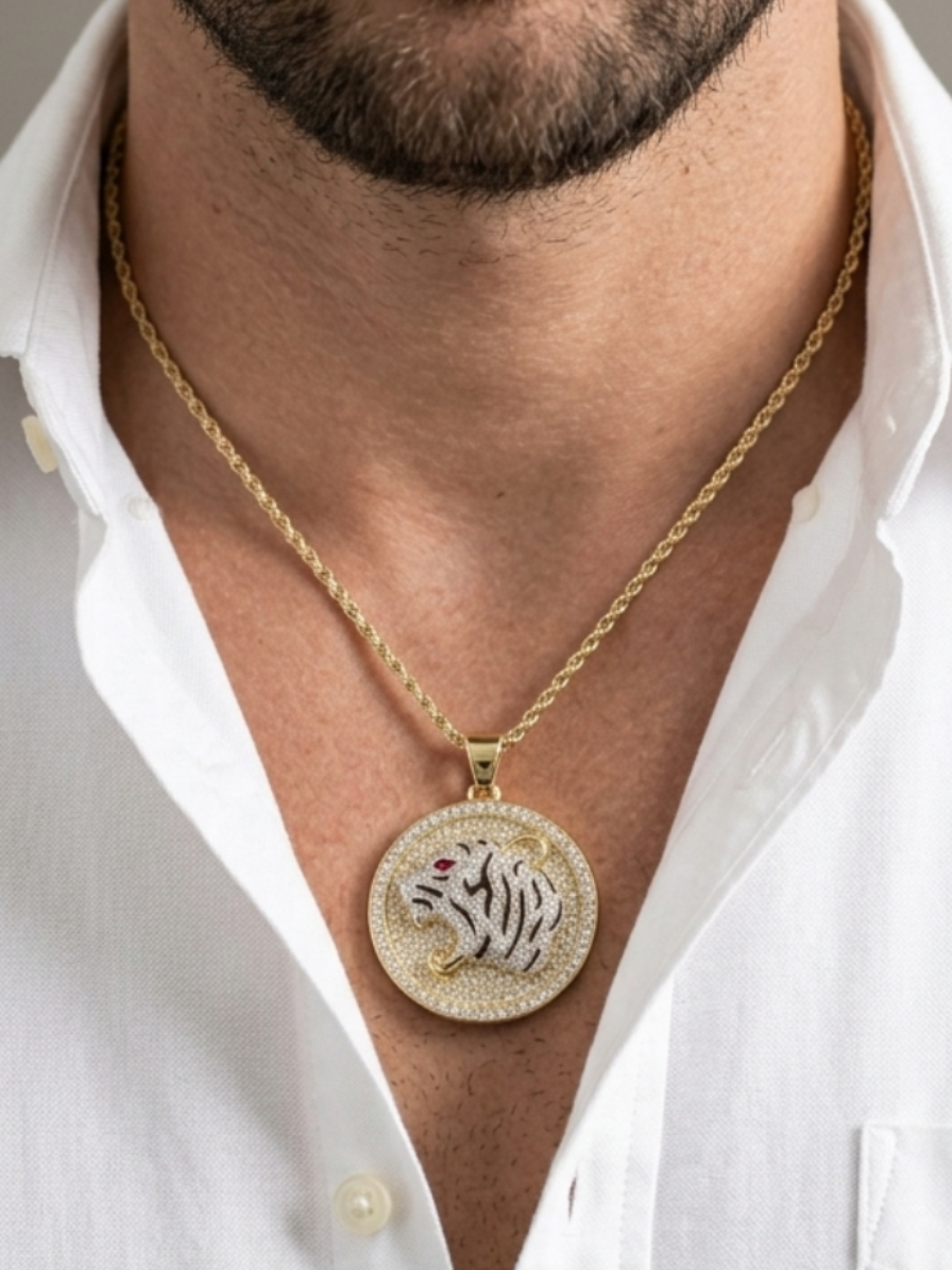 Two-Tone White Tiger Medallion Necklace