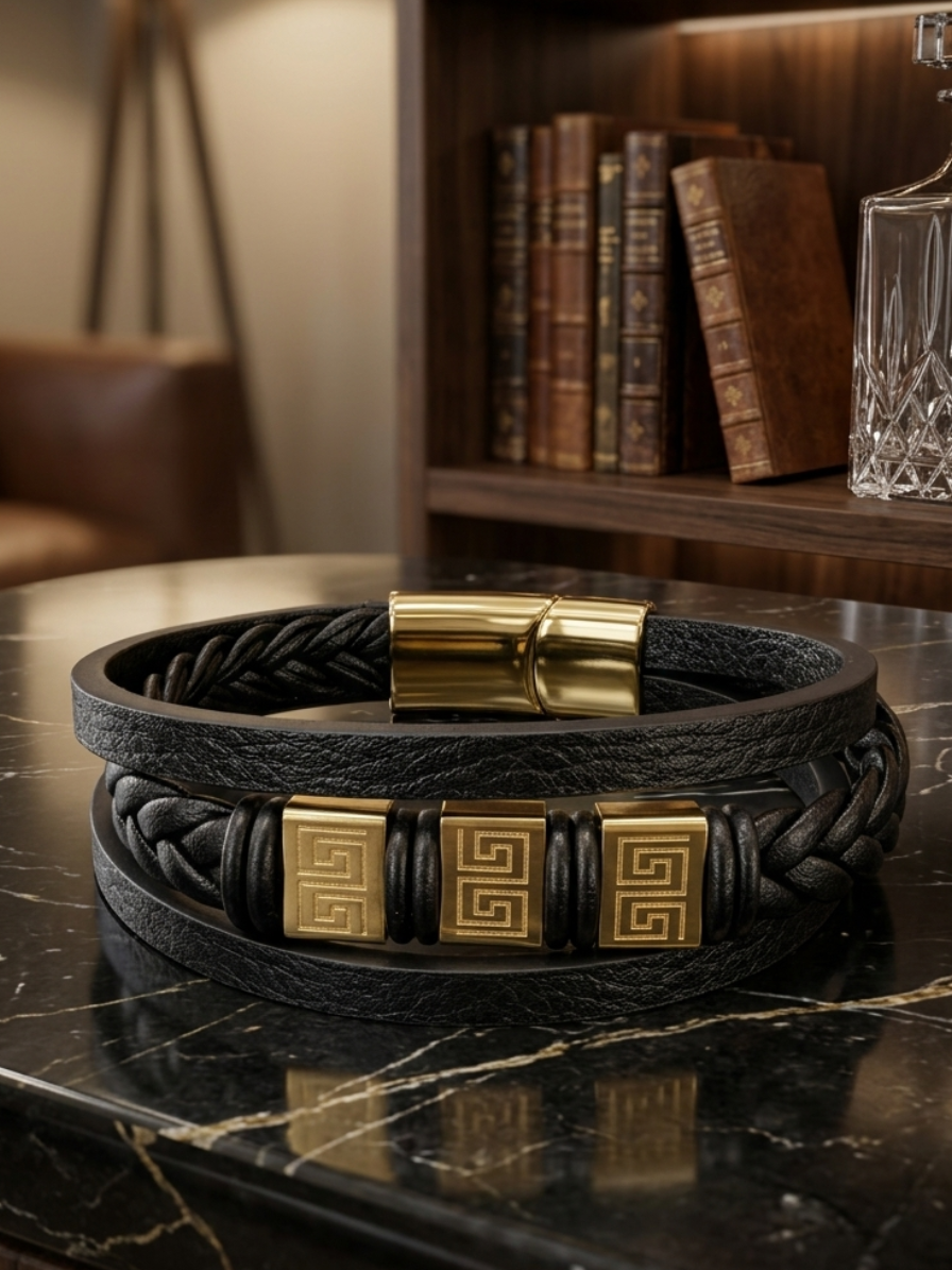 Multi-layer black leather bracelet