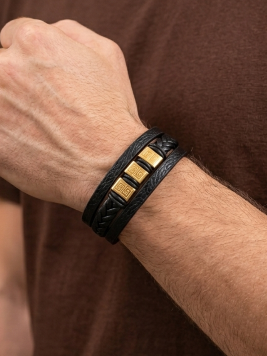 Multi-layer black leather bracelet