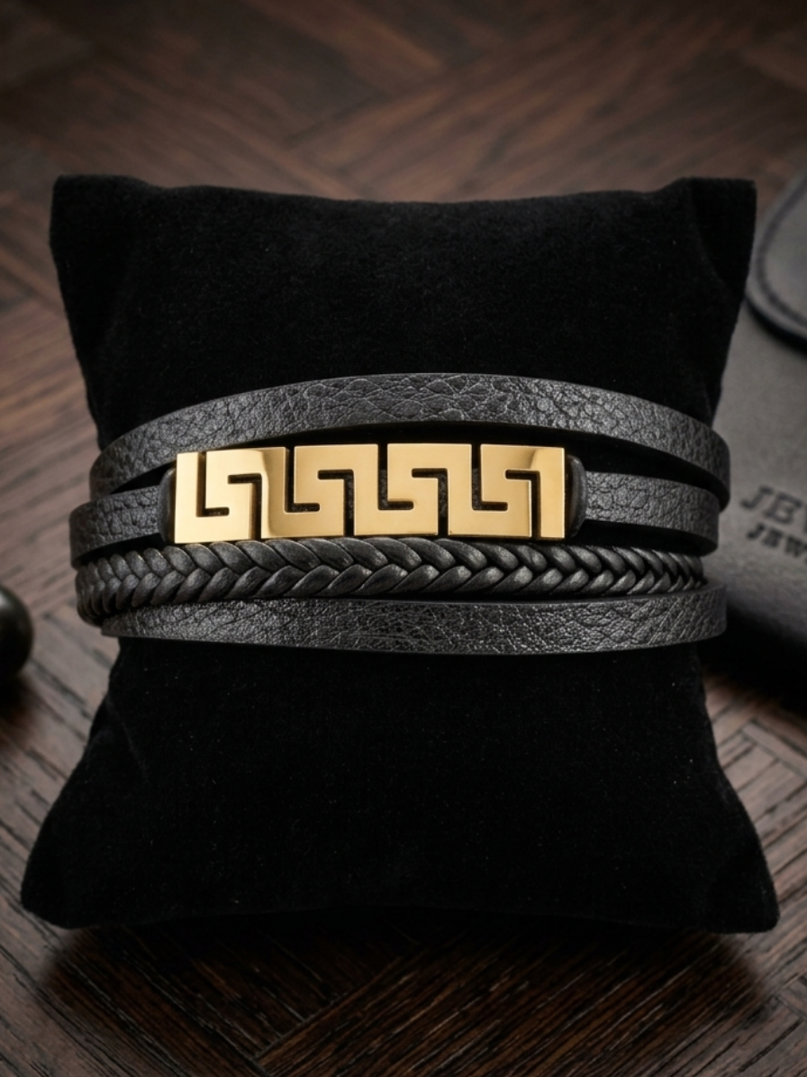 Multi-strand black leather bracelet
