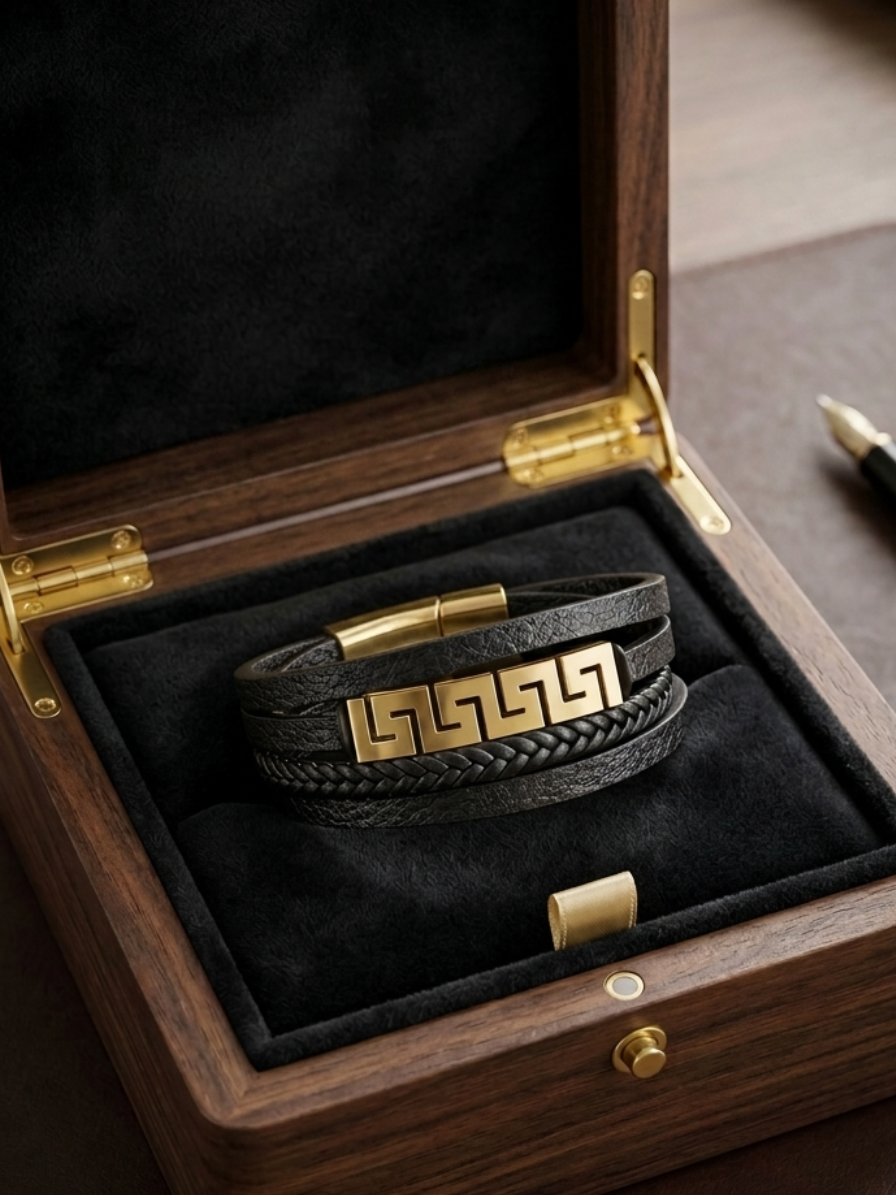 Multi-strand black leather bracelet